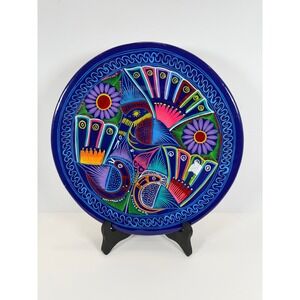 Omar Hand‎ Painted Ceramic Plate 2017 Mexico Folk Art Blue Birds Flowers Decor